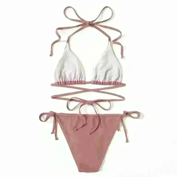 NWT Solid Rose Pink Ruched Double Wrap Triangle Tie Bikini SET - Picture 3 of 11